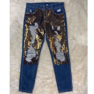 Gold Sequined Ripped Denim Jeans 10